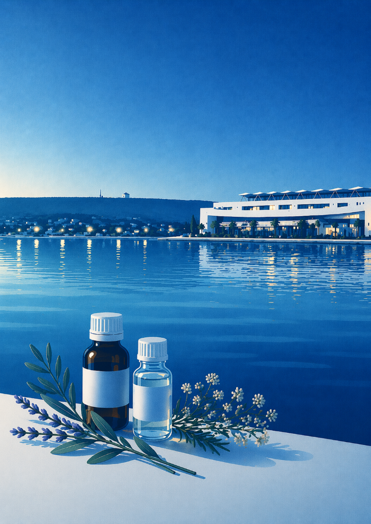 Aromathérapie clinique - Flacons d'huiles essentielles devant un paysage thermal