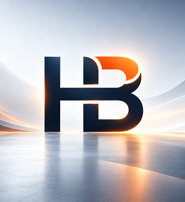 Het HB beeldmerk tussen vloeiende zilveren vormen en subtiele oranje lichtlijnen