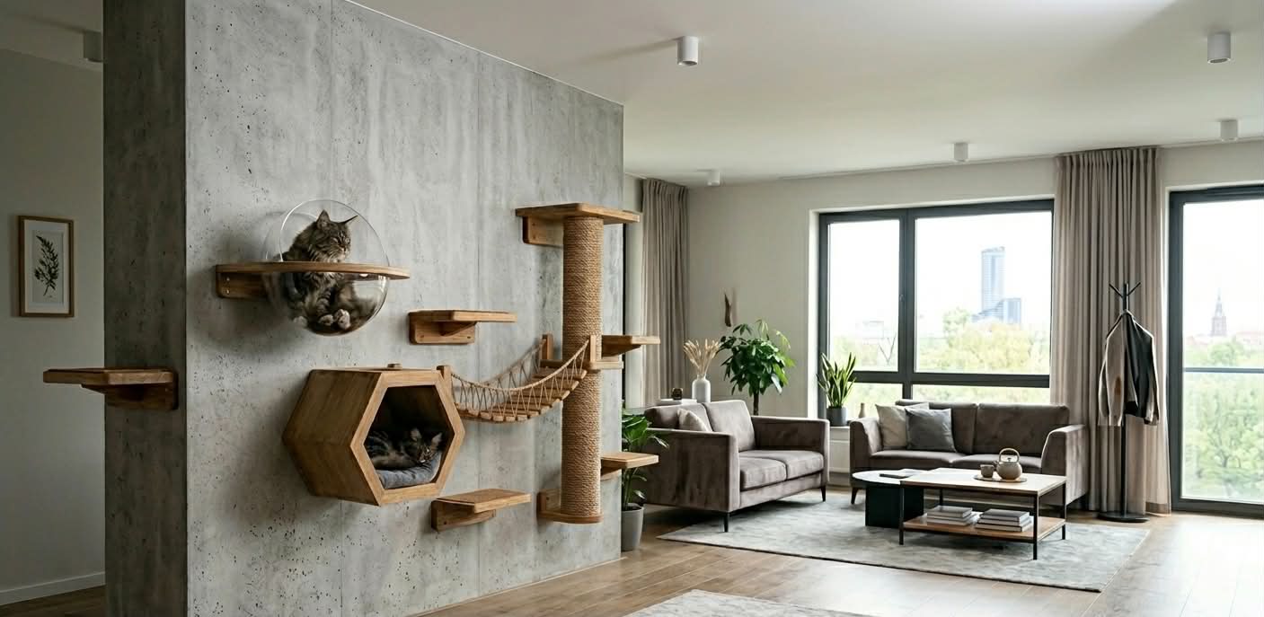 Nowoczesny salon z meblami dla kotów