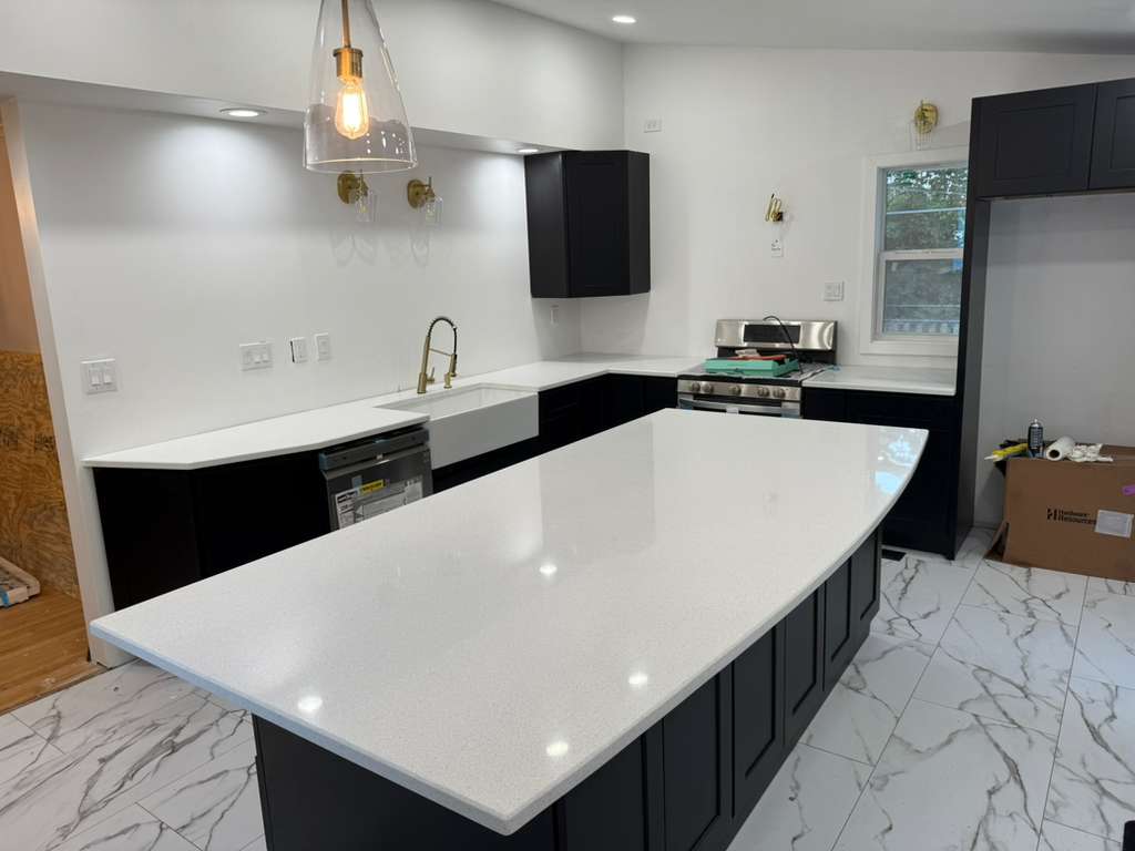 White quartz kitchen island countertop installation Schenectady NY