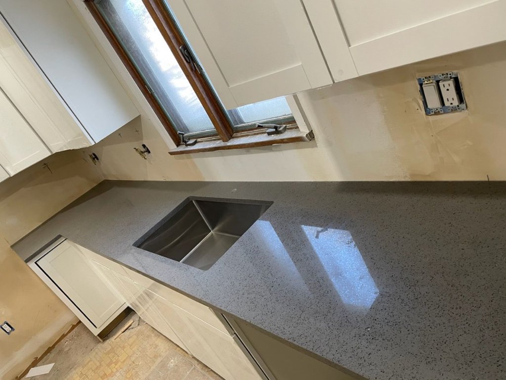 Grey speckled quartz kitchen countertop installation Schenectady NY