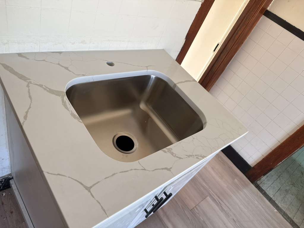 Calacatta quartz countertop with undermount sink bathroom Schenectady