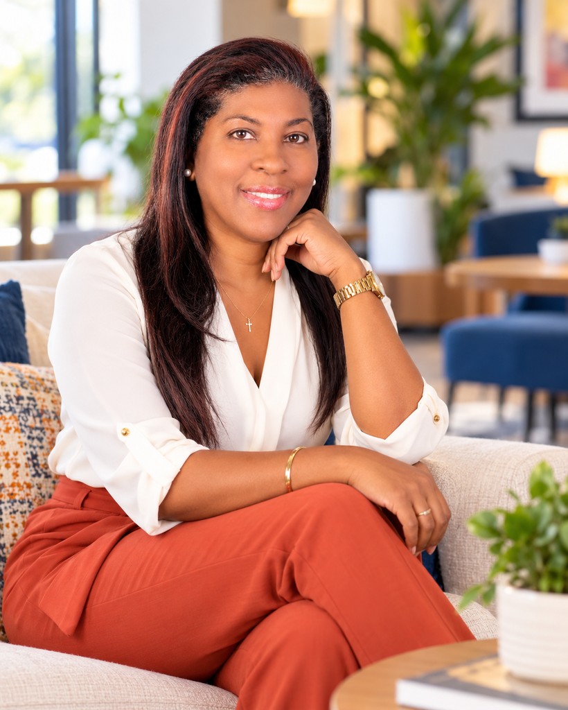 Leota Palmer smiling, seated on a sofa in a bright lounge with her chin resting on her hand