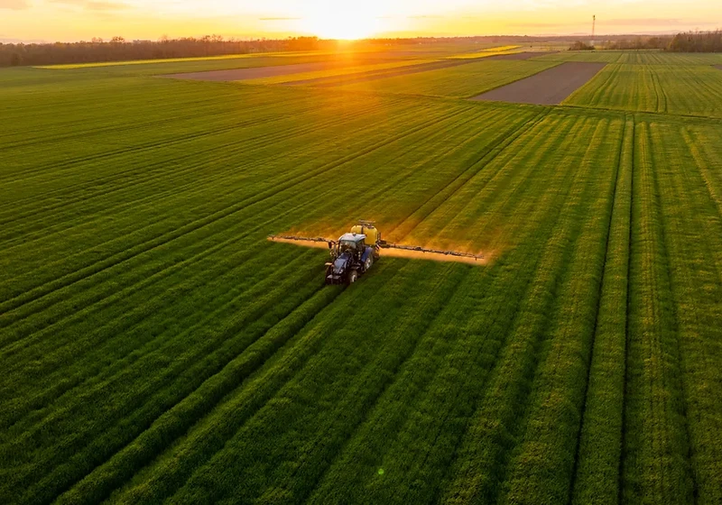 Tractor working the fields at golden hour