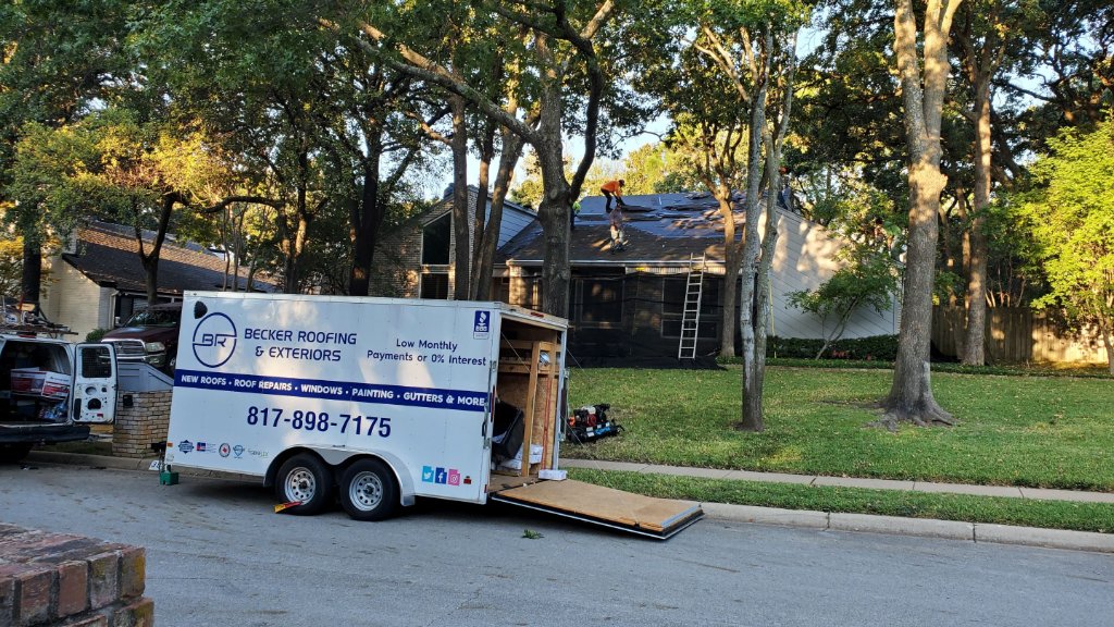 Bedford Becker Roofing Trailer Job Site Residential Becker Roofing - Bedford Roofing project photo by Becker Roofing and Exteriors