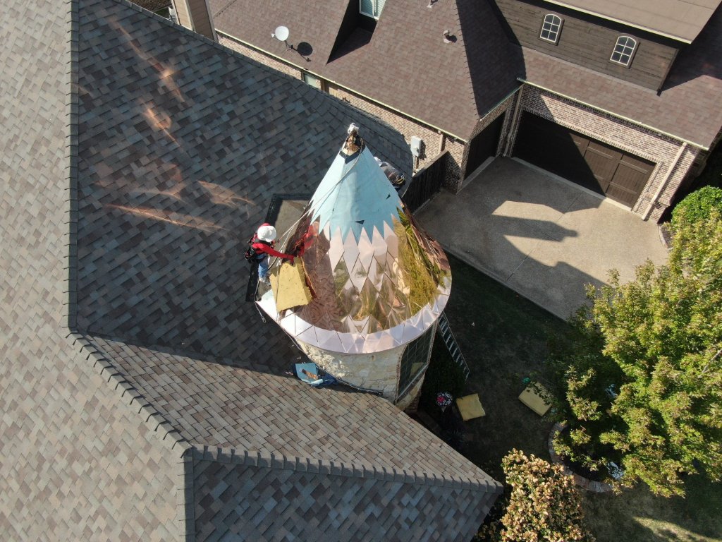North Richland Hills Class3malarkey Shingles Custom Hand Bent Diamond Copper Turrret Roof - Roof Replacement project photo by Becker Roofing and Exteriors