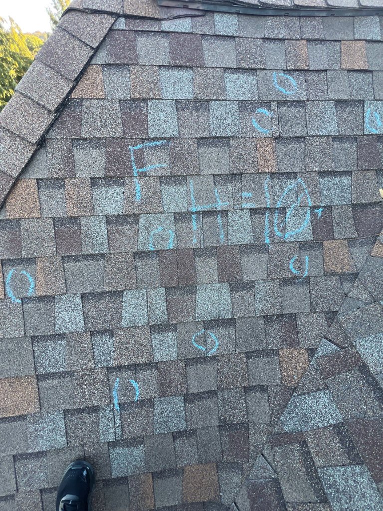 Trophy Club Hail Damage Shingle Test Square Chalk Markings Becker Roofing - Trophy Club Roofing project photo by Becker Roofing and Exteriors