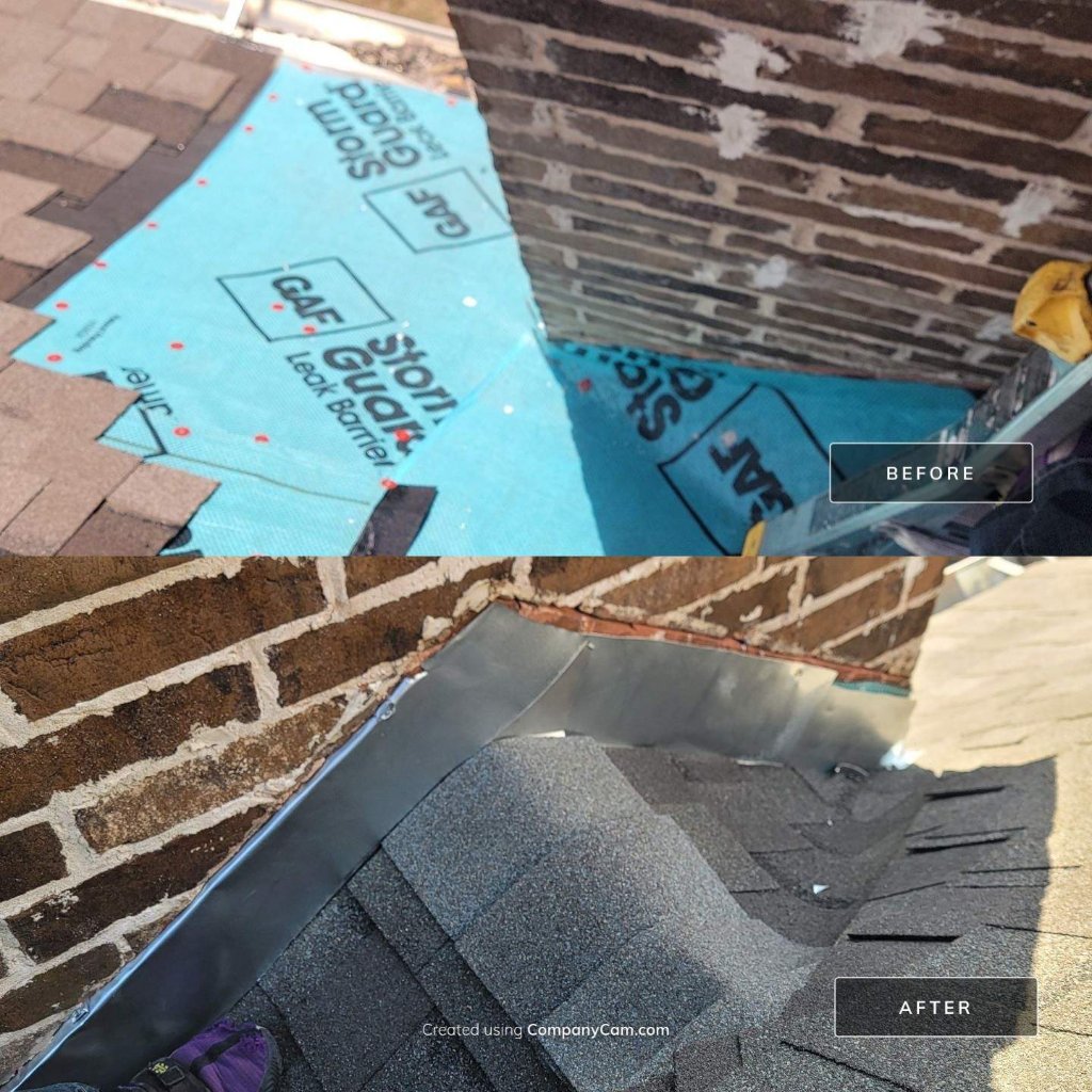 Chimney cricket and flashing repair to stop a roof leak on a North Texas home