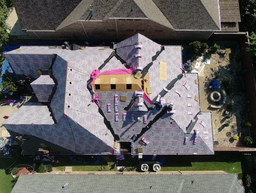 Roanoke Pink Synthetic Underlayment Roof Replacement Aerial Becker Roofing - Roanoke Roofing project photo by Becker Roofing and Exteriors