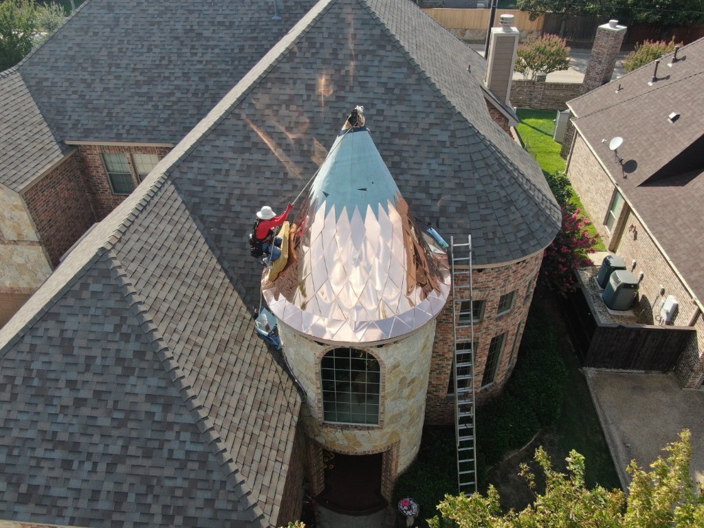 North Richland Hills Diamond Copper Turret Roof Install - North Richland Hills Roofing project photo by Becker Roofing and Exteriors