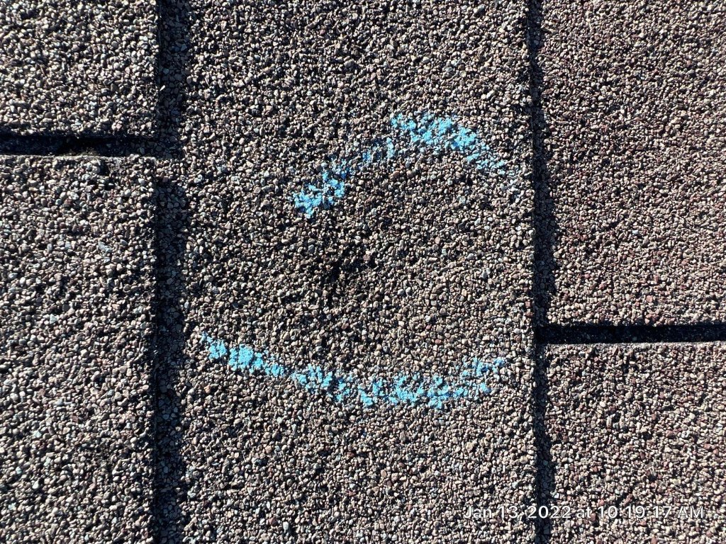 Roanoke Hail Strike Shingle Close Up Chalk Marking Becker Roofing - Roanoke Roofing project photo by Becker Roofing and Exteriors