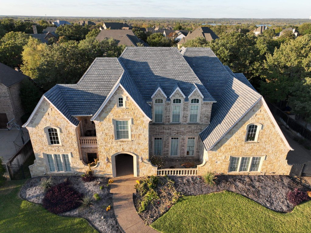 Trophy Club Luxury Stone Estate Aerial Premium Roof Becker Roofing - Trophy Club Roofing project photo by Becker Roofing and Exteriors