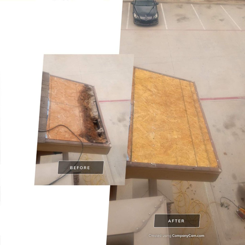Decking repair on a Plano, TX roof caused by a shingle leak