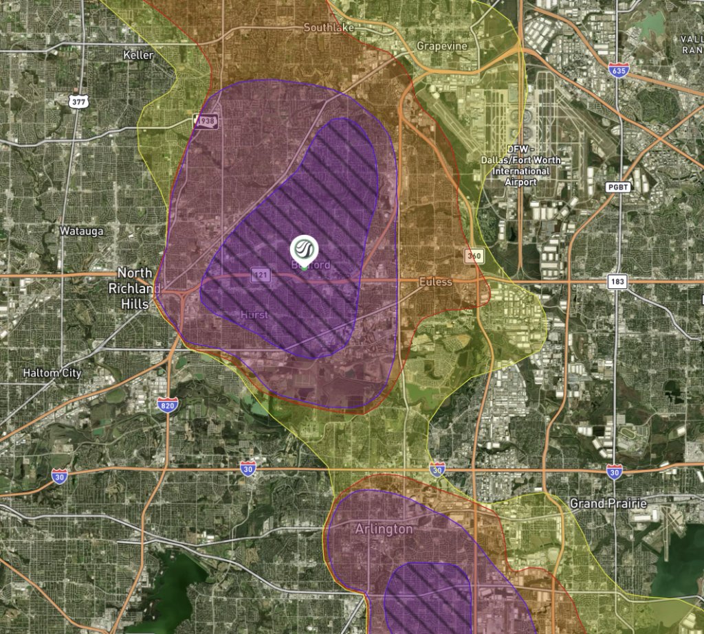 Bedford Hailmap May27th2024hailupto25inches - Bedford Roofing project photo by Becker Roofing and Exteriors