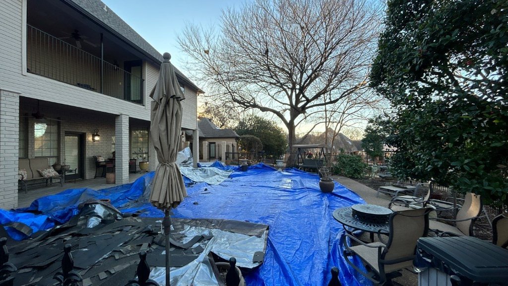 Southlake Texas Roof Replacement Protectingthe Poolfrom Roofing Debris During Job - Southlake Roofing project photo by Becker Roofing and Exteriors