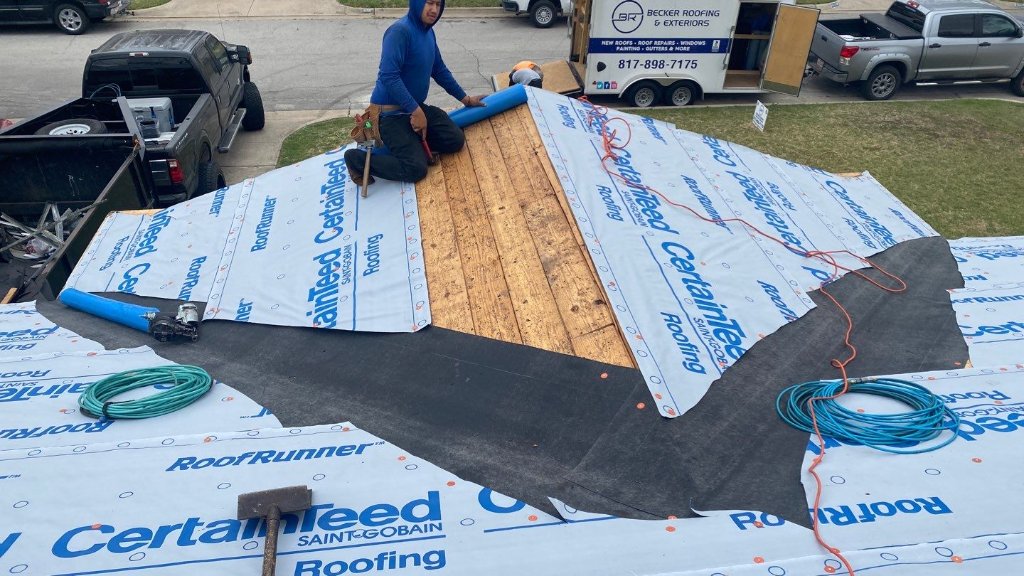 Haltom City Roof Replacement During Photo Certainteed Synthetic Feltand Iceand Waterinthe Valleys - Haltom City Roofing project photo by Becker Roofing and Exteriors