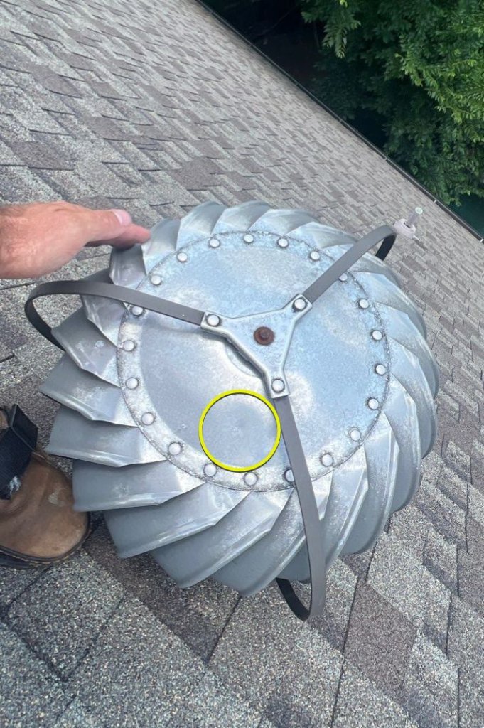 Southlake Texas Hail Damage Exampleof Hailto Turbine Vent - Southlake Roofing project photo by Becker Roofing and Exteriors