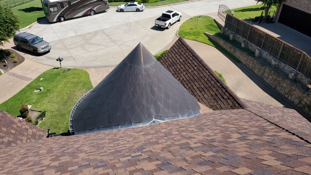 Trophy Club Turret Cone Roof Feature Architectural Shingles Aerial Becker Roofing - Trophy Club Roofing project photo by Becker Roofing and Exteriors