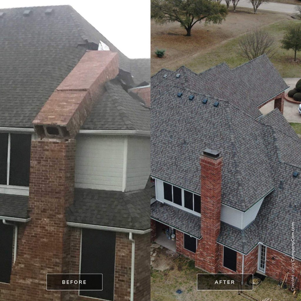 Allen Texas40foot Chimney Fellinto Home Beforeand After Roof Repairs - Roof Repair project photo by Becker Roofing and Exteriors