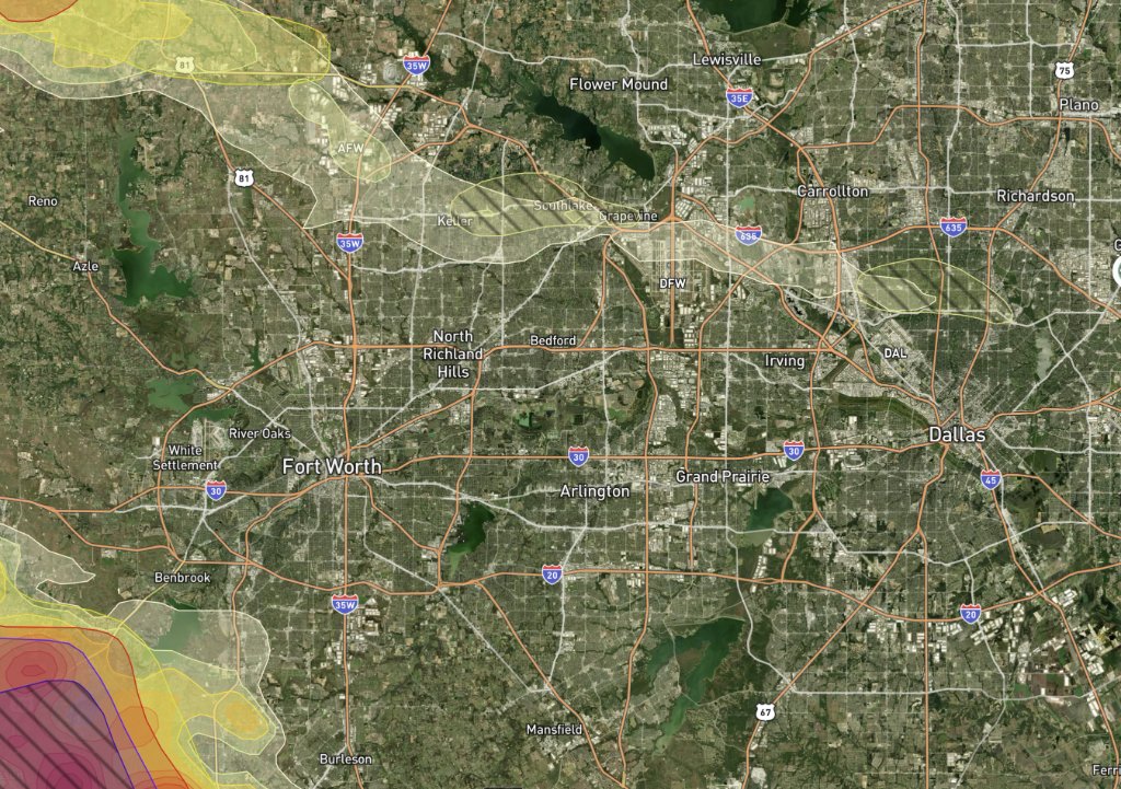 Grapevine, TX hail storm swath map showing the late-April 2026 hail track
