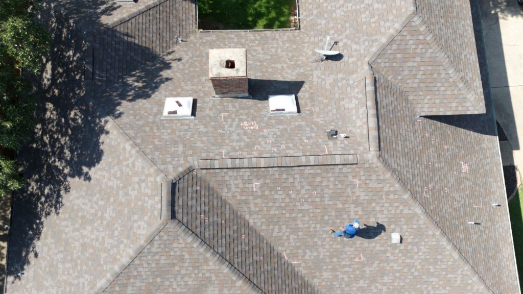 Bedford Hail Damage Roof Inspection Aerial Chalk Marks Becker Roofing - Bedford Roofing project photo by Becker Roofing and Exteriors