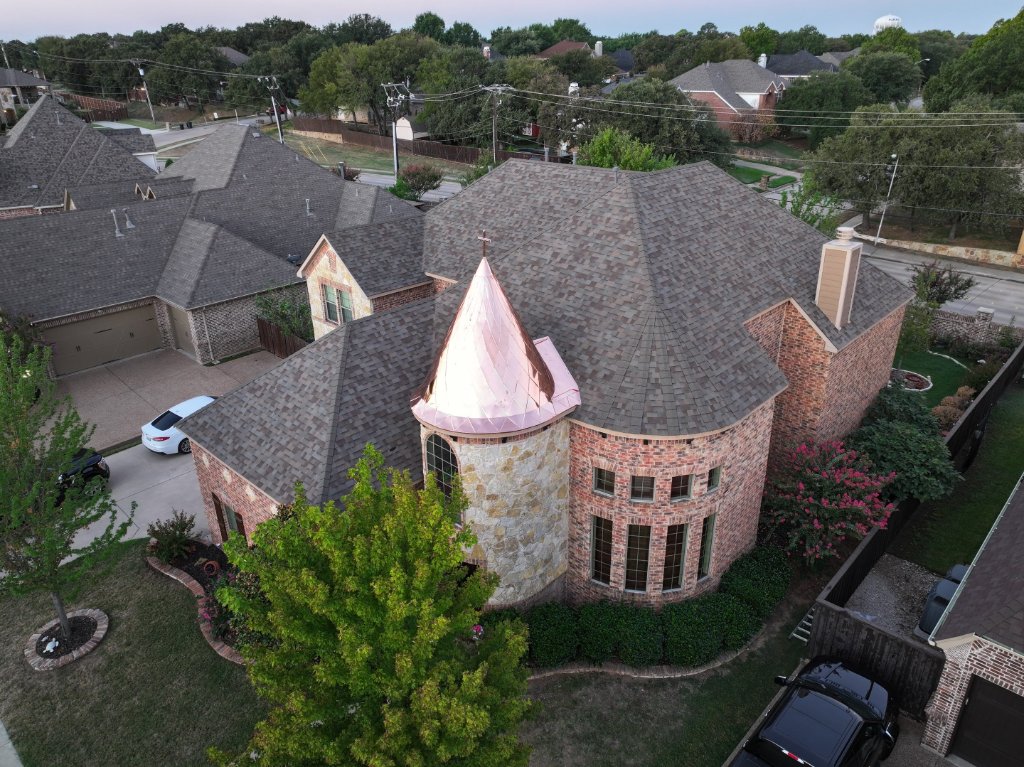 North Richland Hills Roof Replacement Malarkey Natural Wood Shingle Color Custom Copper Hand Bent Roofing - Roof Replacement project photo by Becker Roofing and Exteriors