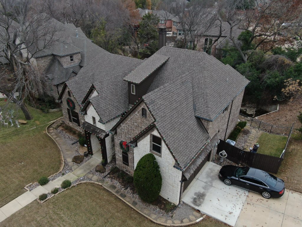 Aerial view of an architectural shingle roof in Grapevine, TX by Becker Roofing and Exteriors