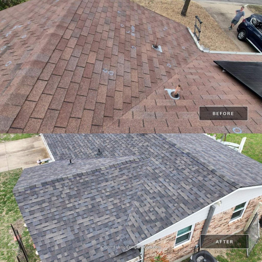 Watauga Texas Roof Replacement Beforeand After Owens Corning Black Sableincolor - Roof Replacement project photo by Becker Roofing and Exteriors