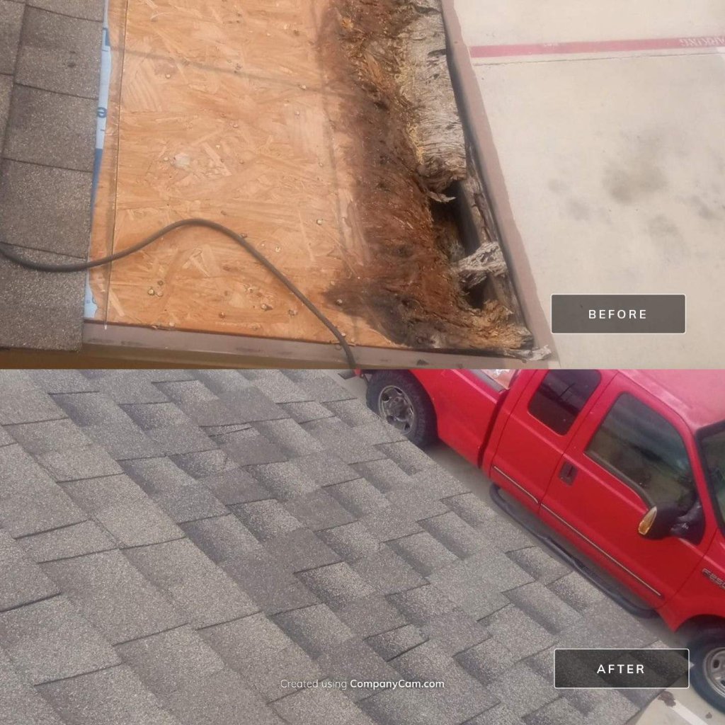 Roof leak repair before and after on a Plano, TX home