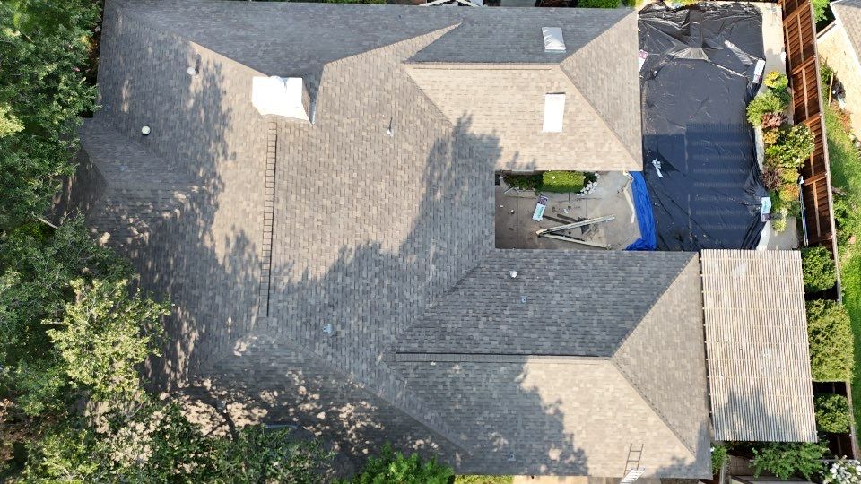 Bedford Completed Asphalt Shingle Roof Aerial Becker Roofing - Bedford Roofing project photo by Becker Roofing and Exteriors