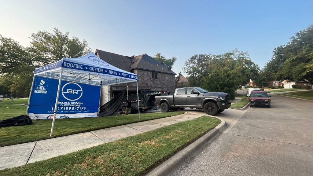 Grapevine Becker Roofing Job Site Tent Truck Becker Roofing - Grapevine Roofing project photo by Becker Roofing and Exteriors