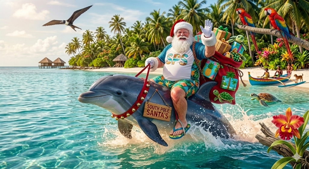 South Pole Santa riding a dolphin in tropical paradise