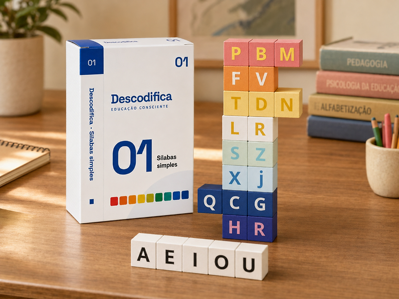 Caixa do Descodifica com cubos de letras coloridos