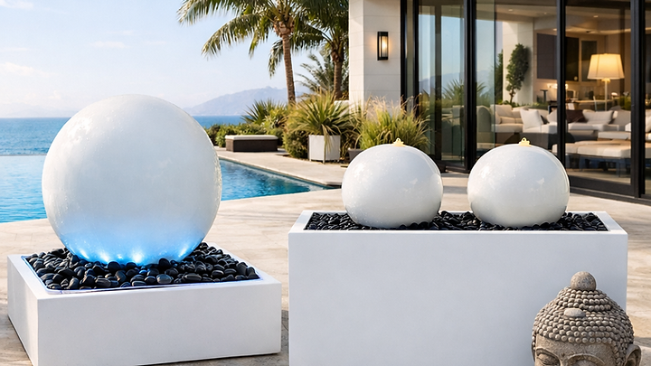 A glowing sphere water feature beside a South Florida pool at dusk
