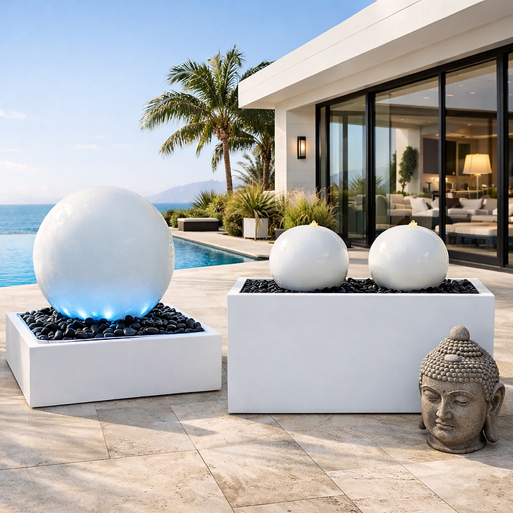 Luminous Basin — glow-core sphere fountain on a South Florida pool deck