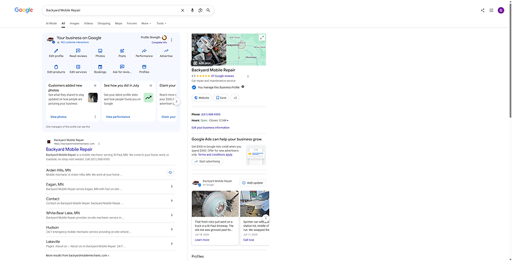 Google Business Profile performance overview for a Minnesota mobile mechanic client on the $300 monthly plan