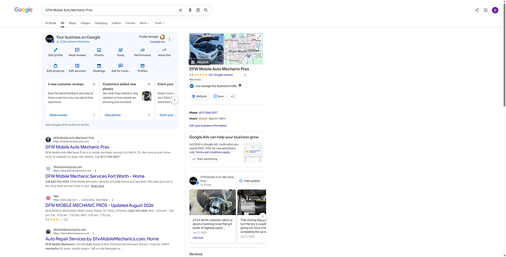 Google Business Profile performance overview for DFW Mobile Auto Mechanic Pros