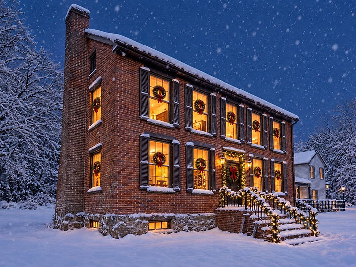 Baladerry Inn at dusk in the snow, wreaths on every lit window, suggested home base for a Christmas weekend