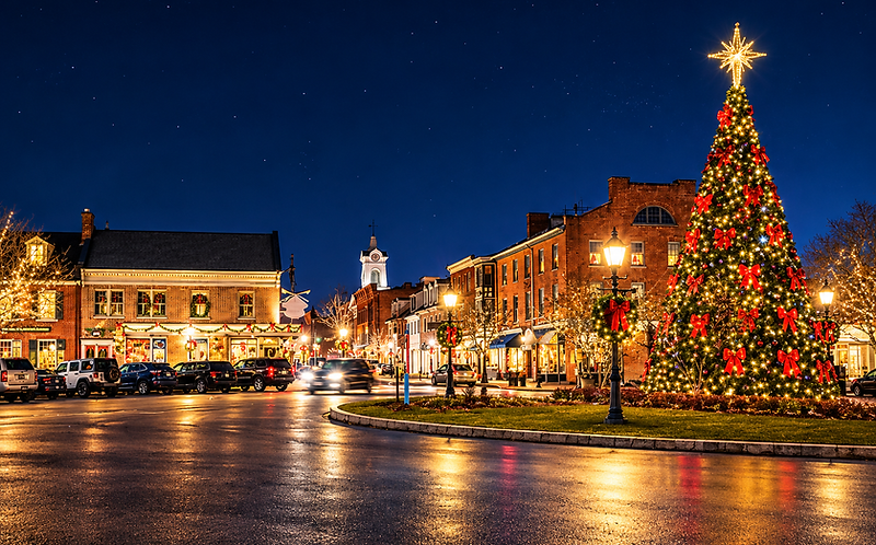 Historic Gettysburg storefronts and a lit Christmas tree reflected on wet December pavement at night