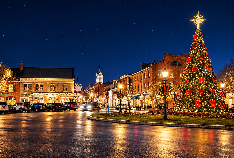 The Gettysburg town square Christmas tree glowing beneath a starry winter sky with historic storefronts lit behind it