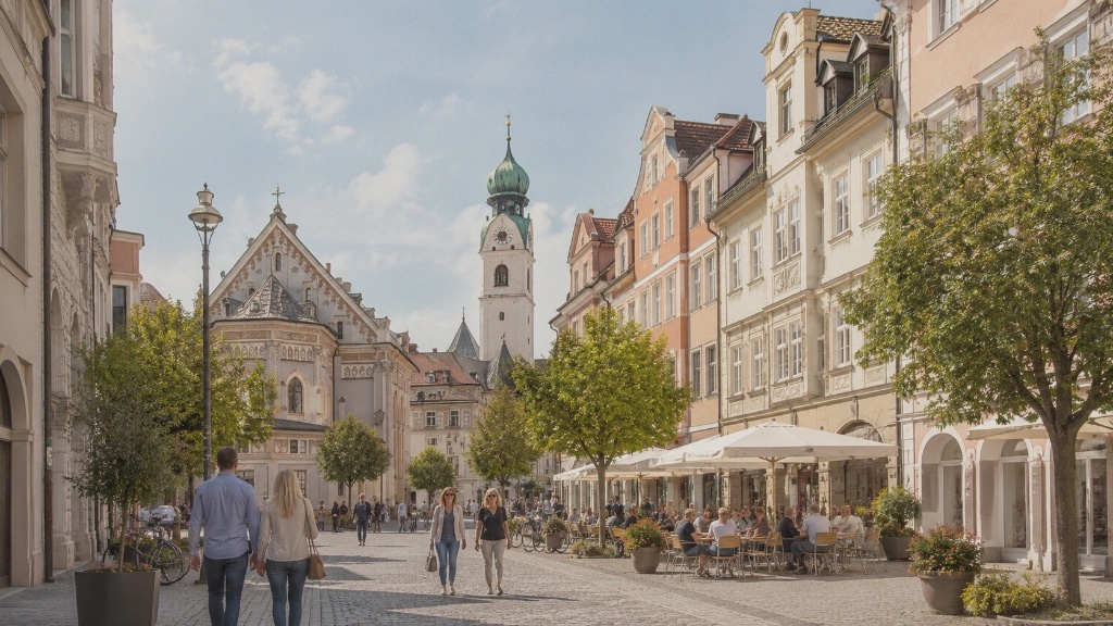 Innenstadt von Rosenheim mit historischer Kirche und Fußgängerzone an einem sonnigen Tag