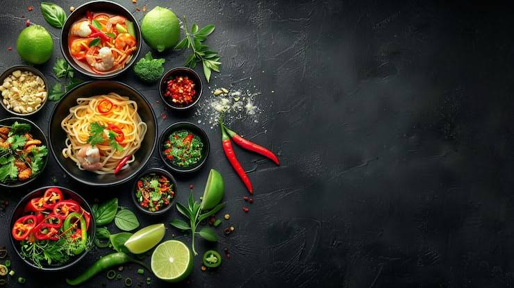 Fresh Thai noodles, curry, chilies and lime