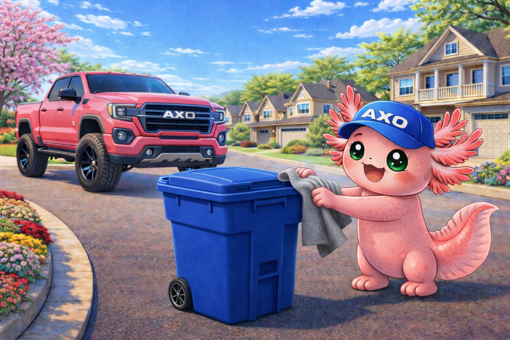 AXO CLEANING mascot cleaning a bin in a California neighborhood