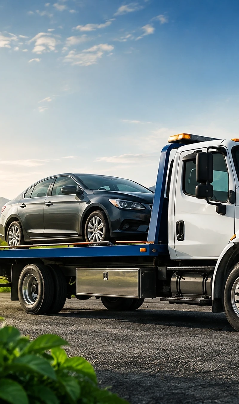 Flatbed tow truck carrying a recyclable car in the Fraser Valley