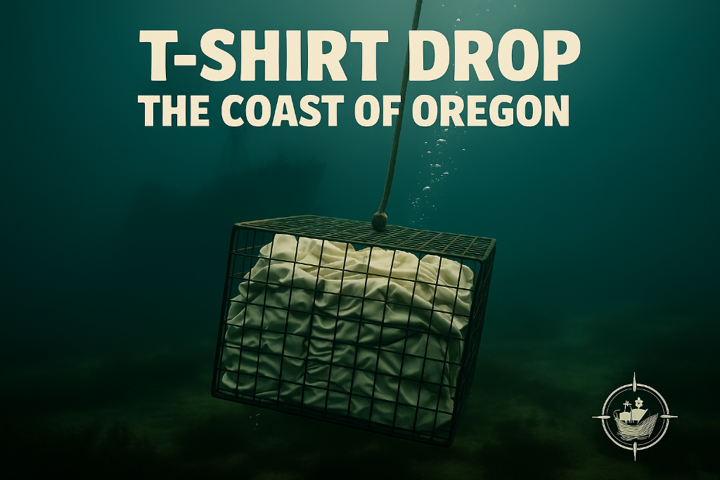 Steel cage with cream t-shirts descending into Pacific depths at the Beeswax Wreck site