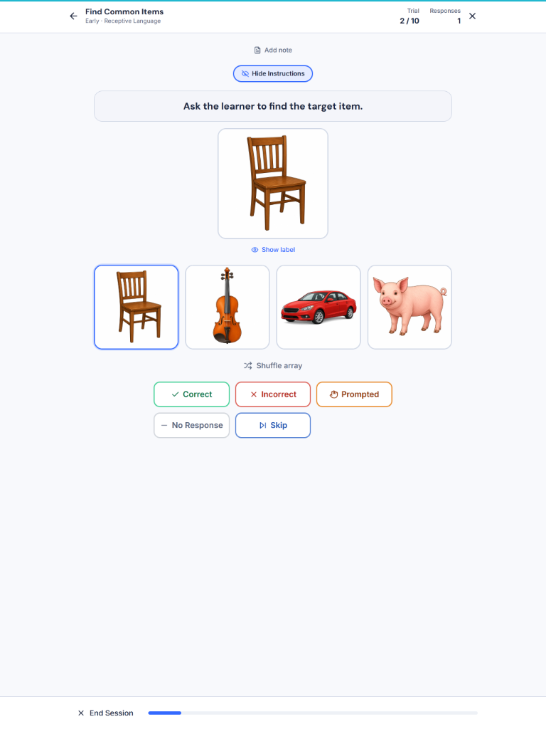 Practice session in Go ABA Materials showing a target image, response choices, and scoring buttons
