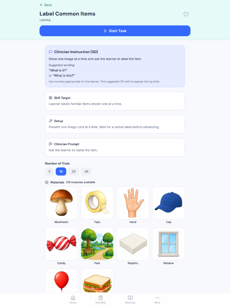 Activity setup screen in Go ABA Materials with clinician instruction, skill target, and trial count options