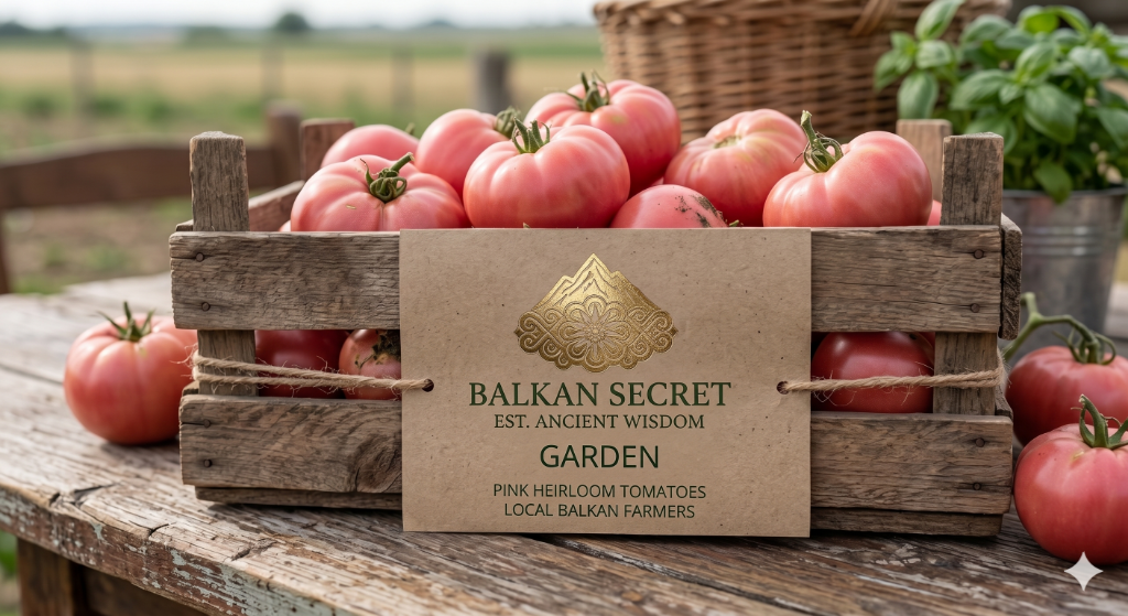 Wooden crate overflowing with pink heirloom tomatoes at a Kenyan farm