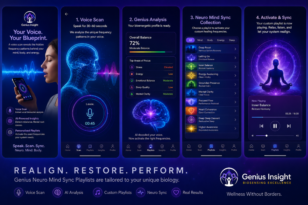 Genius NeuroSync app screens showing voice scan AI analysis and personalized NeuroAdaptive journeys