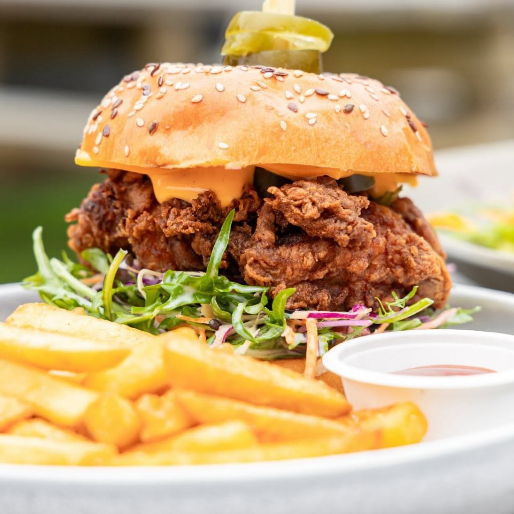 Crispy chicken burger at The Hideout café Rosebud